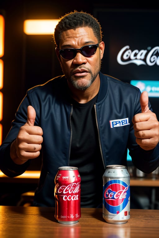 Morpheus presenting a choice of two drinks resting on his hands with open palms, can of coca-cola, can of pepsi, Laurence Fishburne, The Matrix, Reflective glasses, heart emoji underneath the coca-cola, dark blue thumbs up emoji below the can of pepsi, 8K HDR, Studio quality, Cinematic, intense, dramatic,