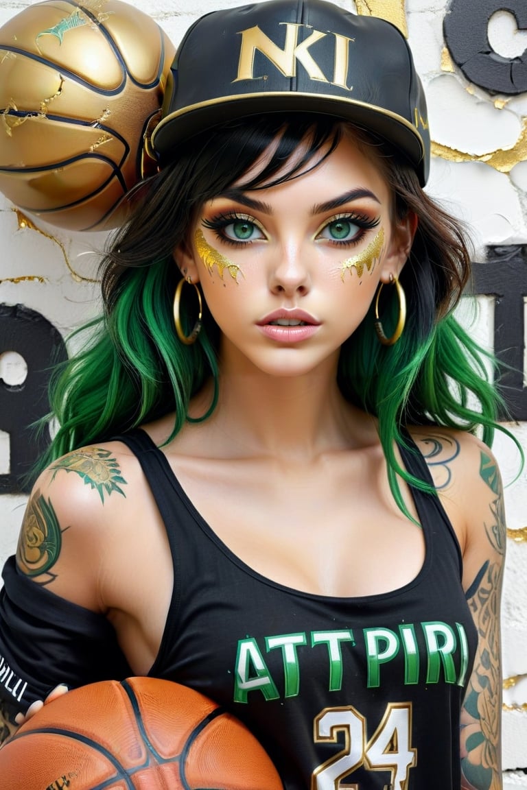 Yerlim12k ultra HD . a very pretty realistic girl , with Green eyes , with tattoos, wearing a black With golden living top with the text " ATIPIRI " "Ai" with cap ,extravagant colored hair style, with black and Golden Ball basketball. Cracked white wall With Golden cracked backgraund, illustration, photo