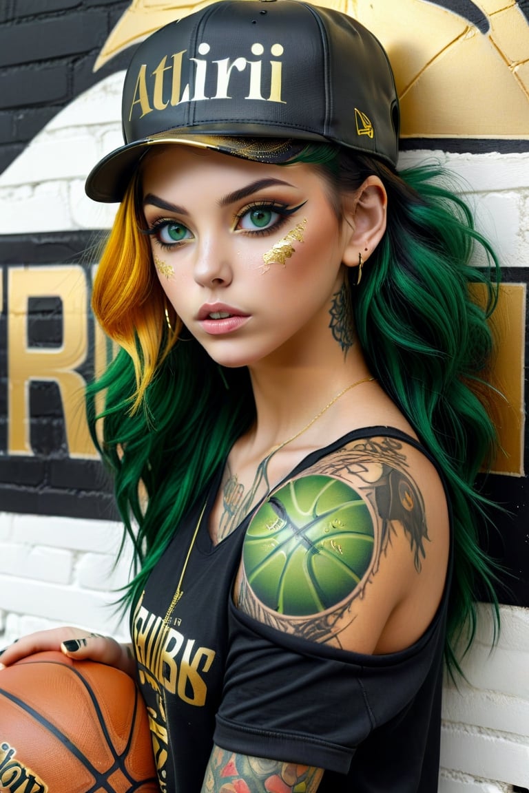 Yerlim12k ultra HD . a very pretty realistic girl , with Green eyes , with tattoos, wearing a black With golden living top with the text " ATIPIRI " "Ai" with cap ,extravagant colored hair style, with black and Golden Ball basketball. Cracked white wall With Golden cracked backgraund, illustration, photo