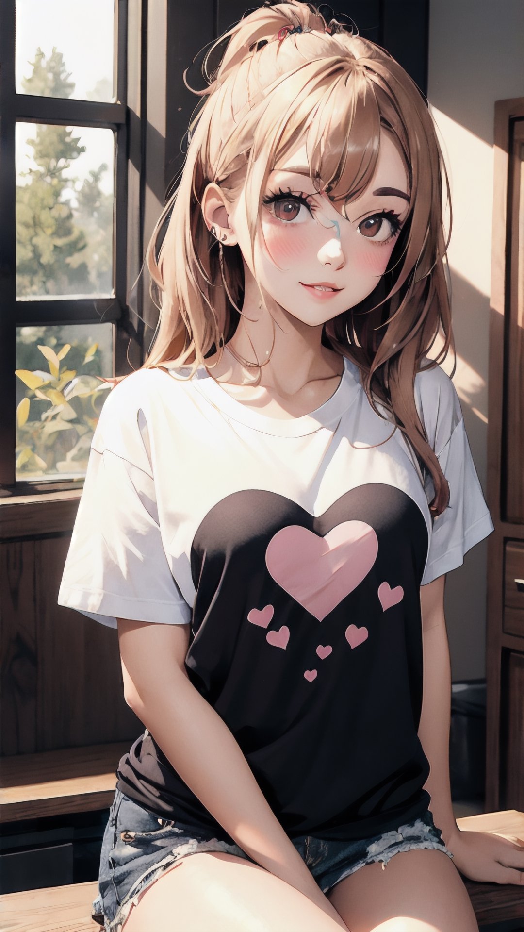 1girl,shitty t-shirt ,eyebrows,heart eyes,beautiful girl, blush