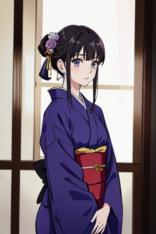 4k anime girl in a kimono and purple clothing, in the style of photo-realistic drawings, light white and light gray, qian xuan, exaggerated nobility, sabattier filter, kawacy, accurate and detailed --ar 18:25 --s 750 --niji 5