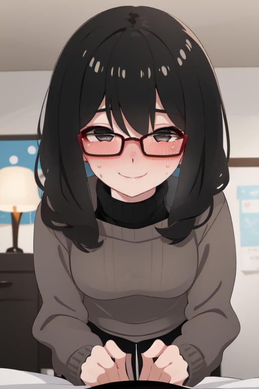 masterpiece, best quality, girl, detailed face, small nose, detailed eyes, baggy sweater, turtleneck, no pants, bed, hairy face, glasses, shy smile, blush, bust.