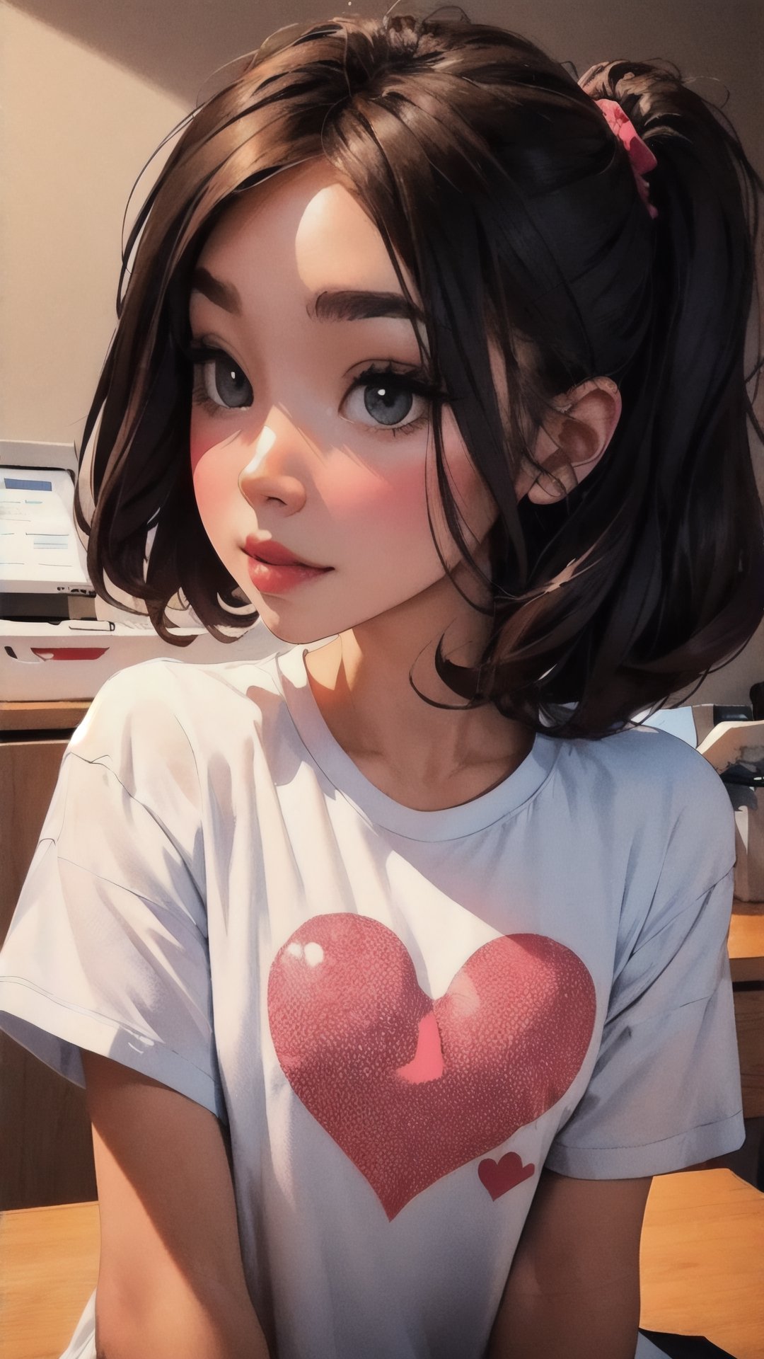 1girl,shitty t-shirt ,eyebrows,heart eyes,beautiful girl, blush