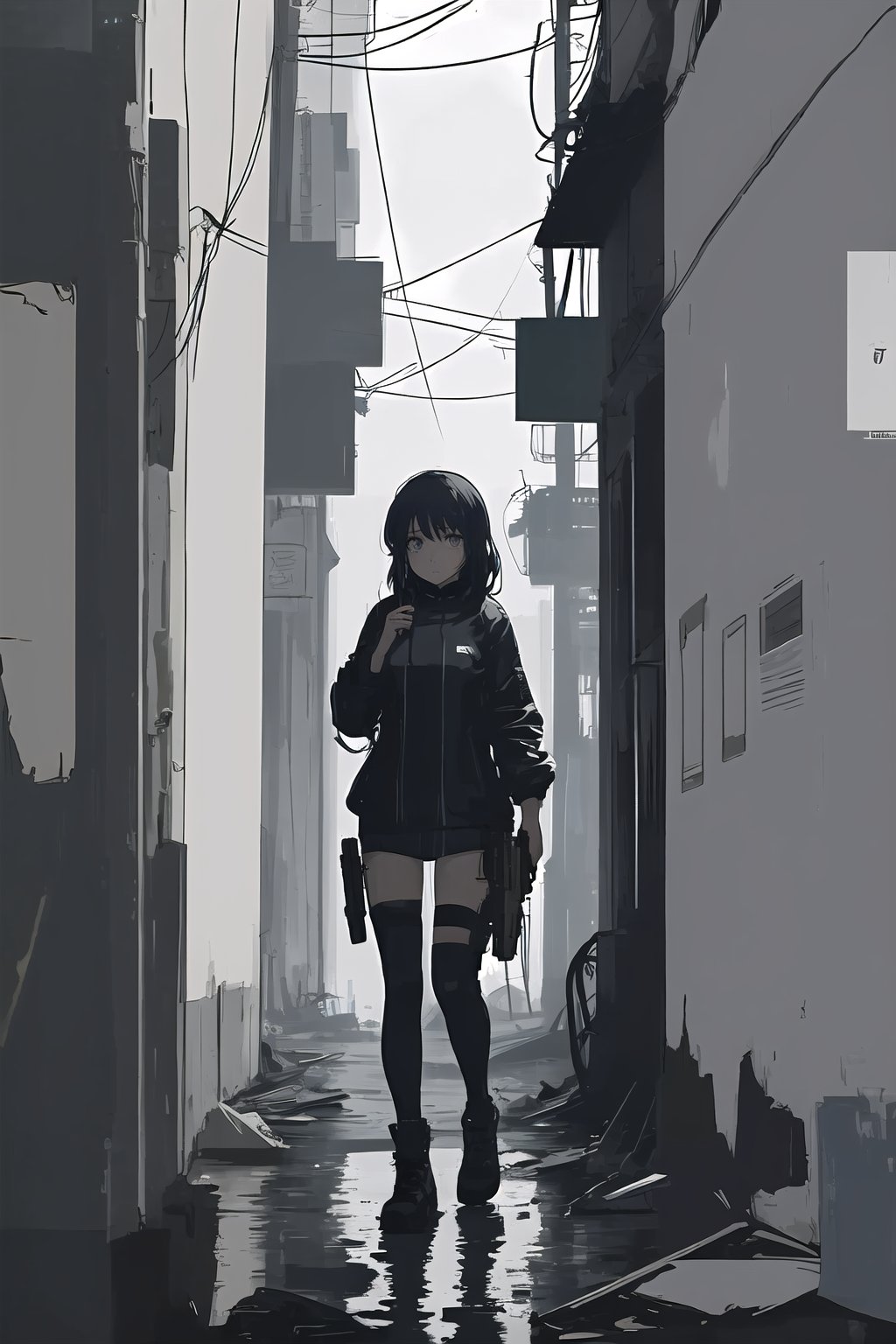 a girl in techwear style clothes and a gun on her back alone in a destroyed cyberpunk city with a melancholic atmosphere produced by the rain that wets the city looking towards the camera