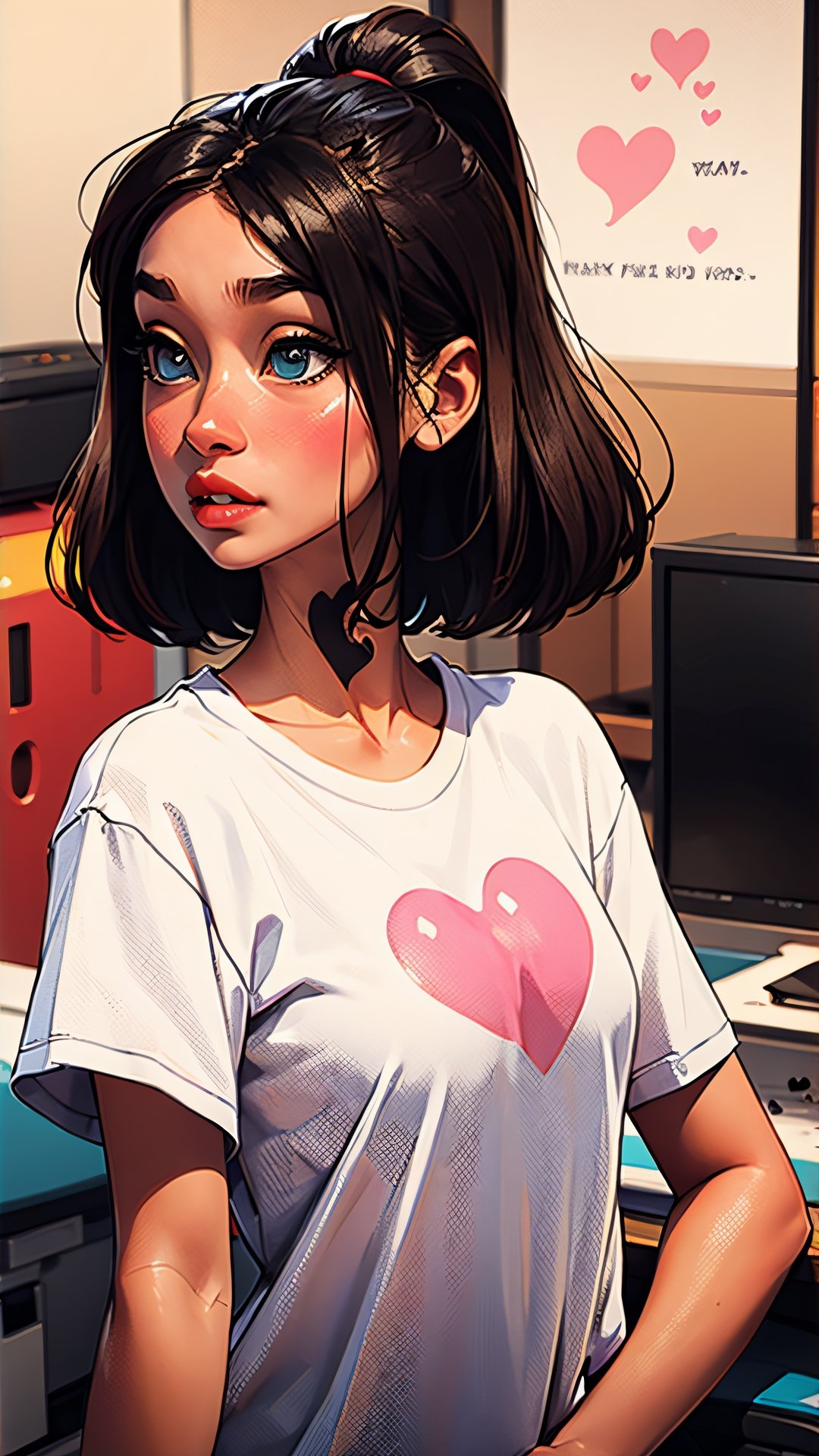 1girl,shitty t-shirt ,eyebrows,heart eyes,beautiful girl, blush