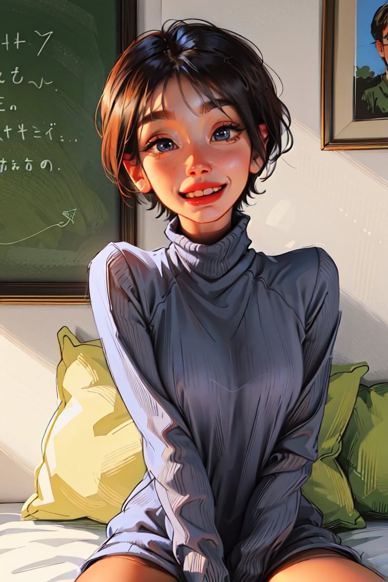 masterpiece, best quality, girl, detailed face, small nose, detailed eyes, baggy sweater, turtleneck, no pants, bed, hairy face, glasses, shy smile, blush, bust.,EnvyBeautyMix23,SAM YANG