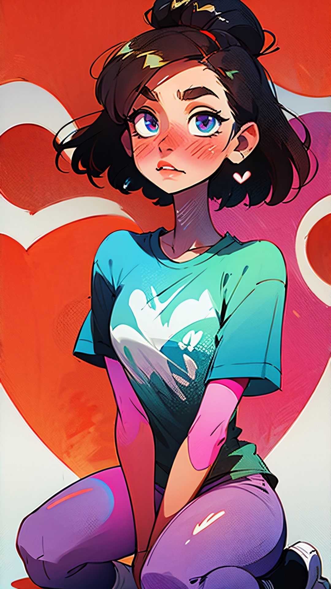 1girl,shitty t-shirt ,eyebrows,heart eyes,beautiful girl, blush