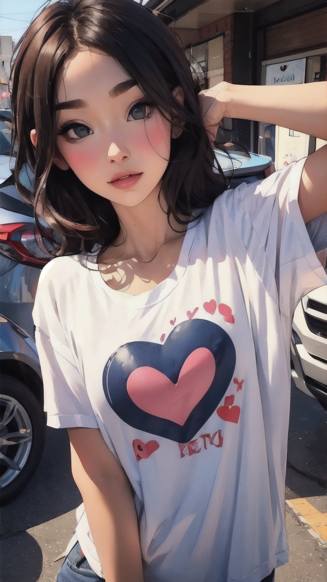 1girl,shitty t-shirt ,eyebrows,heart eyes,beautiful girl, blush