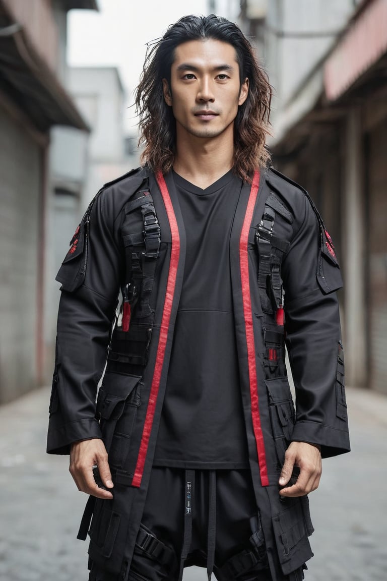 1man, male, Long-exposure, head to toe, Full view portrait of a man, clean shaved face, handsome face, muscular body, ((long wavvy hair)), red-coloured baggy loose-fitting large tactical kimono , Baggy ripped cargo jeans, high-cut sneakers, detailed skin texture, front view, age 31, 31 years old, hyperdetailed photography, cover,photorealistic, urban techwear, TechStreetwear, tactical gear, tacticalgear,mullet_hair,shullet