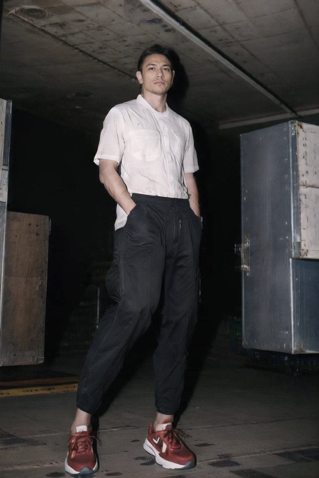 ((Indoor)), ((white room)) , abandoned building, ((plain t-shirt)), ((baggy cargo pants)), nike sneakers, ((red-coloured hair)), 1man, 163cm height, ((full body)), masterpiece, best quality, ultra highres, intricate details, Suguru, tied up hair, ((male focus)),best quality, extremely detailed, HD,8k,photorealistic, pectoral lift, pectorals, Male focus, fit, ASU1,flash,flashlight,Hair