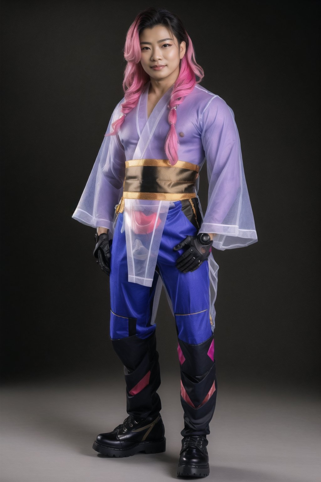 (best quality,8K,highres,masterpiece, ultra-detailed, super colorful, vibrant, realistic, high-resolution), wide view, full picture head-to-toe, colorful portrait of an asian male with flawless anatomy, his left hand is detachable mechanical prosthetics hand, he is wearing a blue-coloured tactical kimono with no under-garment under it, baggy cargo pants, doctor marten's high boots, His tattoed skin is extremely detailed and realistic, with a natural and lifelike texture. His pink-colored wavy hair is tied in high-knot. The background is black. The lighting accentuates the contours of his face, adding depth and dimension to the portrait. The overall composition is masterfully done, showcasing the intricate details and achieving a high level of realism,Hair,zzmckzz,Mecha body,mecha,mecha musume,kimono