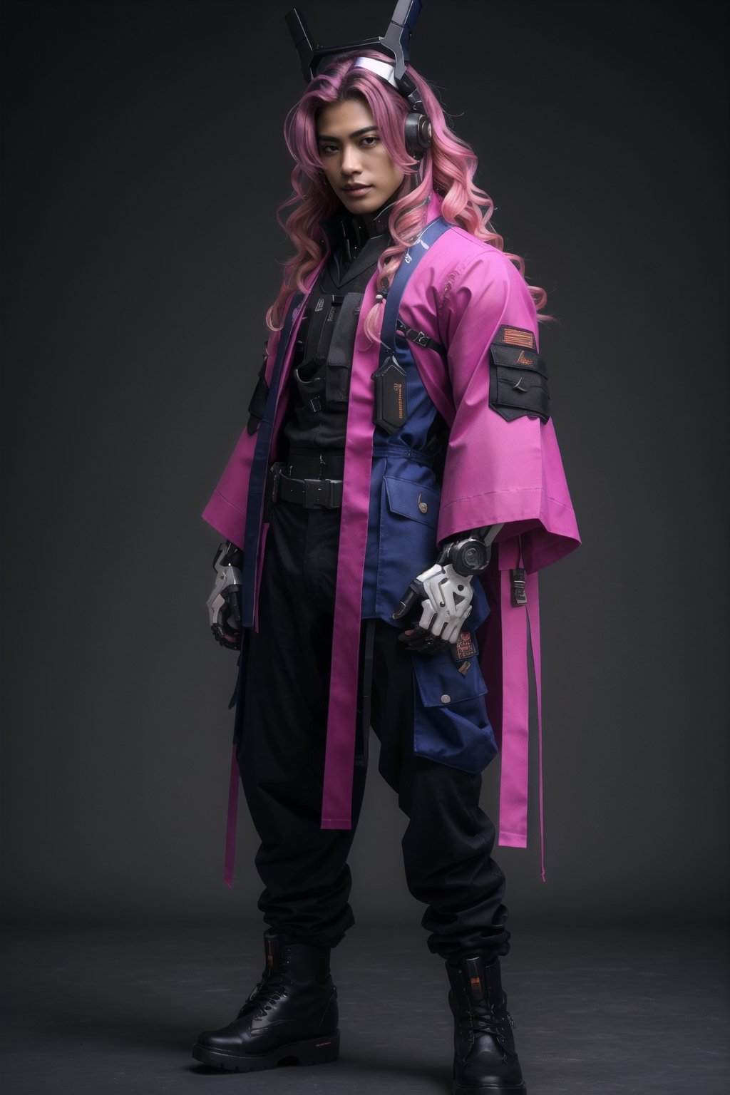 1male, (best quality,8K,highres,masterpiece, ultra-detailed, super colorful, vibrant, realistic, high-resolution), wide view, full picture head-to-toe, colorful portrait of an asian male with flawless anatomy, his left hand is detachable mechanical prosthetics hand, he is wearing a blue-coloured tactical kimono with no under-garment under it, baggy cargo pants, doctor marten's high boots, His tattoed skin is extremely detailed and realistic, with a natural and lifelike texture. ((His pink-colored wavy hair is tied in high-knot)) The background is black. The lighting accentuates the contours of his face, adding depth and dimension to the portrait. The overall composition is masterfully done, showcasing the intricate details and achieving a high level of realism,Hair,zzmckzz,Mecha body,mecha,mecha musume,kimono,BJ_Gundam,haman karn,Rabbit ear,urban techwear,tech