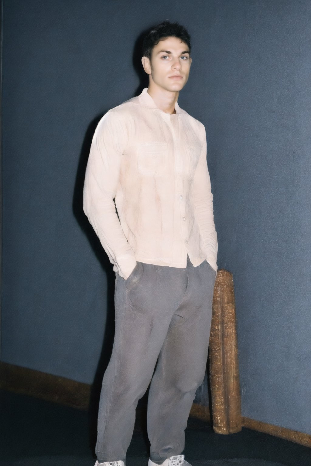 ((Indoor)), ((white room)) , abandoned building, ((plain mandarin shirt)), ((baggy slack pants)), loaf slip-on shoes, ((red-coloured hair)), 1man, 163cm height, ((full body)), masterpiece, best quality, ultra highres, intricate details, Suguru, tied up hair, ((male focus)),best quality, extremely detailed, HD,8k,photorealistic, pectoral lift, pectorals, Male focus, fit, ASU1,flash,flashlight,Hair,handsome male,1boy,Germany Male