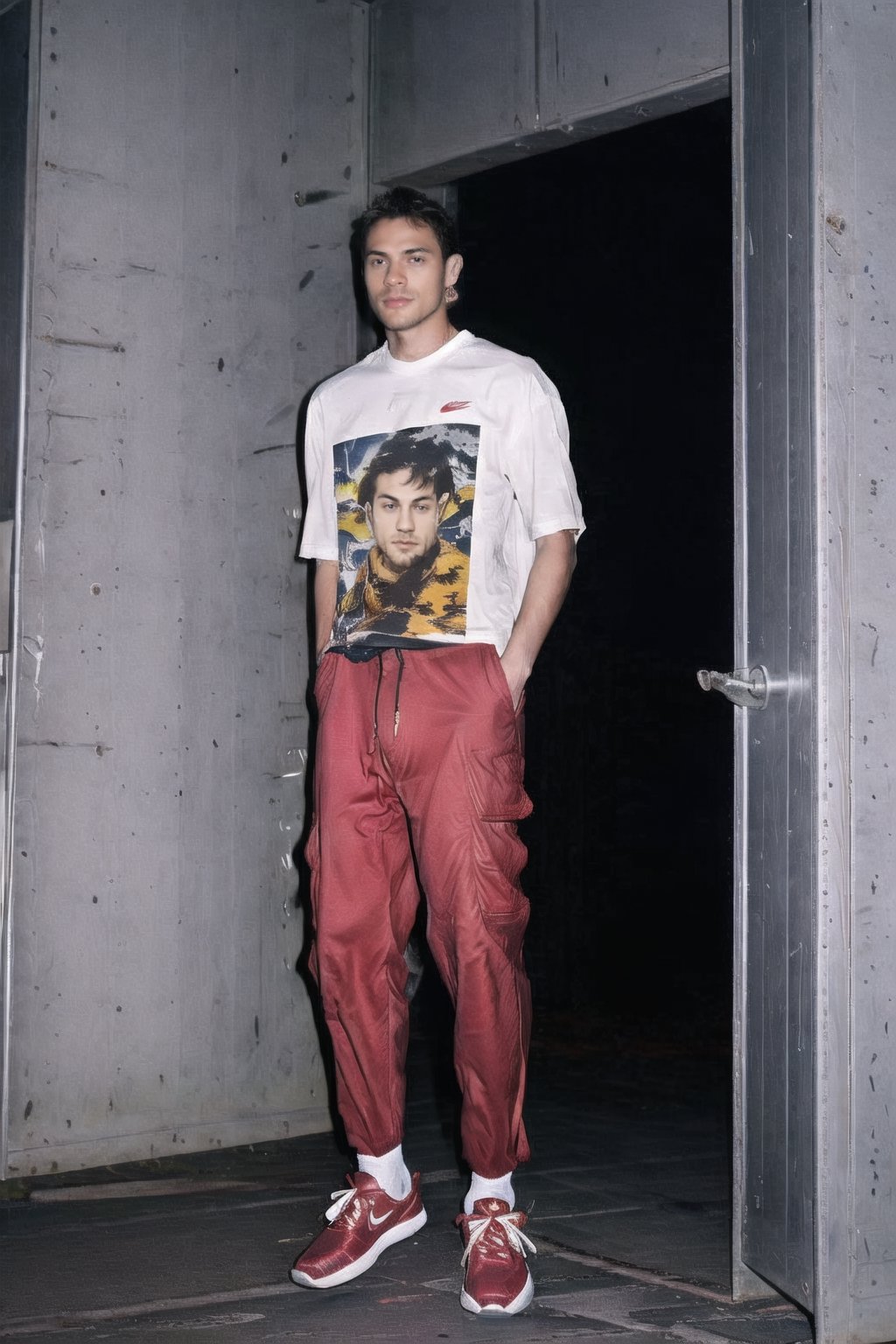 ((Indoor)), ((white room)) , abandoned building, ((plain t-shirt)), ((baggy cargo pants)), nike sneakers, ((red-coloured hair)), 1man, 163cm height, ((full body)), masterpiece, best quality, ultra highres, intricate details, Suguru, tied up hair, ((male focus)),best quality, extremely detailed, HD,8k,photorealistic, pectoral lift, pectorals, Male focus, fit, ASU1,flash,flashlight,Hair