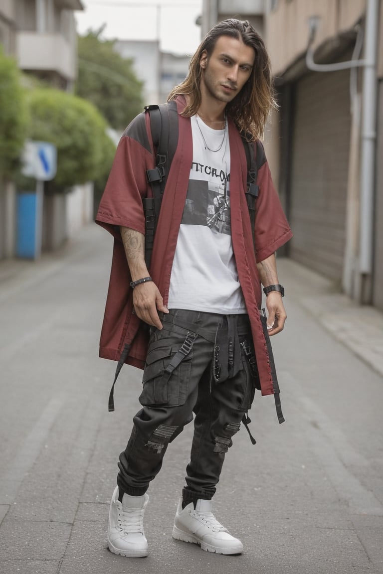 1man, male, Long-exposure, head to toe, Full view portrait of a man, clean shaved face, handsome face, muscular body, ((long wavvy hair)), red-coloured baggy loose-fitting large tactical kimono , Baggy ripped cargo jeans, high-cut sneakers, detailed skin texture, front view, age 31, 31 years old, hyperdetailed photography, cover,photorealistic, urban techwear, TechStreetwear, tactical gear, tacticalgear,mullet_hair,shullet,