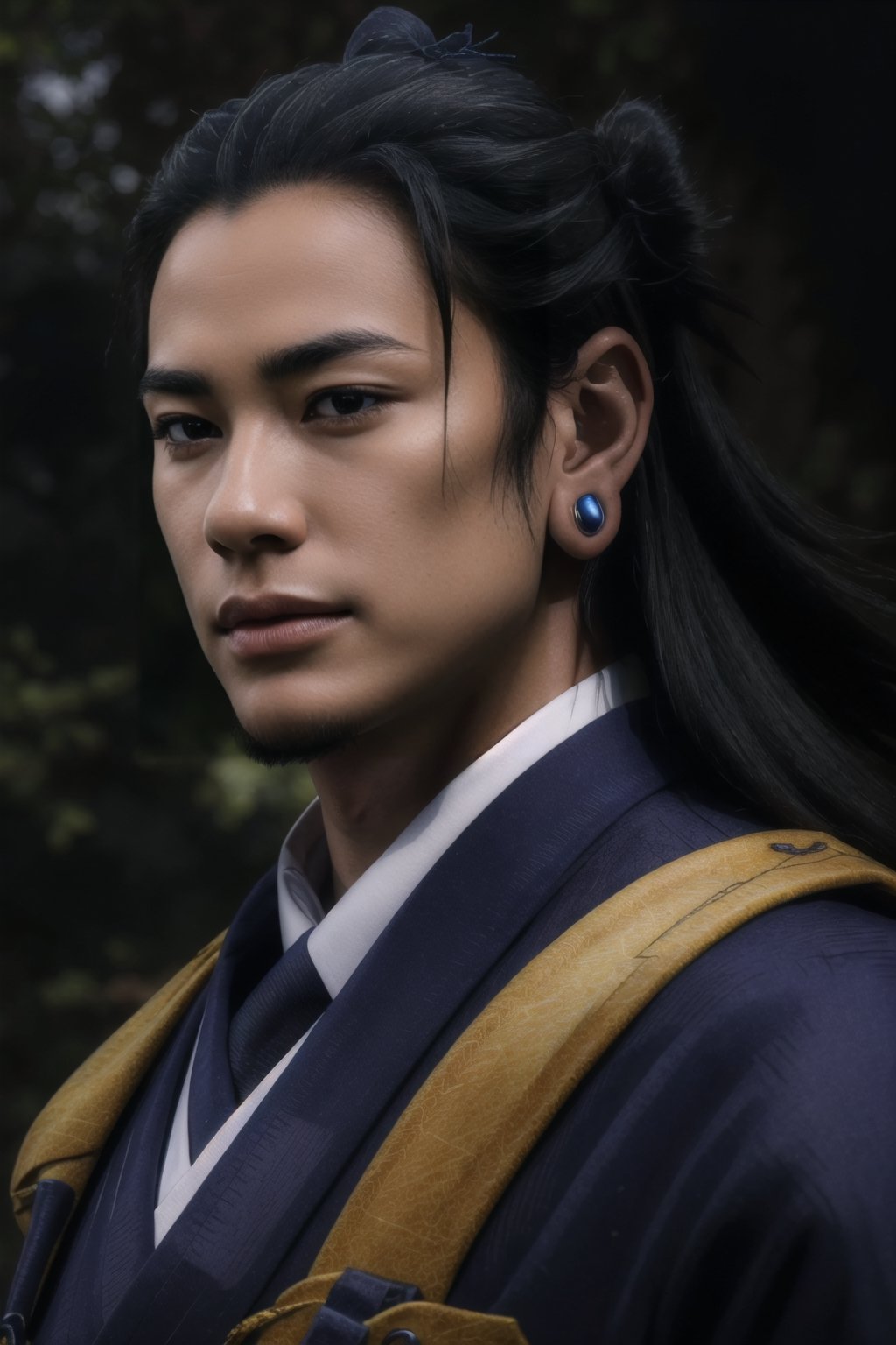 (best quality,8K,highres,masterpiece, ultra-detailed, super colorful, vibrant, realistic, high-resolution), wide view, full picture head-to-toe, colorful portrait of an asian male with flawless anatomy, his left hand is detachable mechanical prosthetics hand, he is wearing a blue-coloured tactical kimono with no under-garment under it, baggy cargo pants, doctor marten's high boots, His tattoed skin is extremely detailed and realistic, with a natural and lifelike texture. His pink-colored wavy hair is tied in high-knot. The background is black. The lighting accentuates the contours of his face, adding depth and dimension to the portrait. The overall composition is masterfully done, showcasing the intricate details and achieving a high level of realism,Hair,zzmckzz,Mecha body,mecha,mecha musume