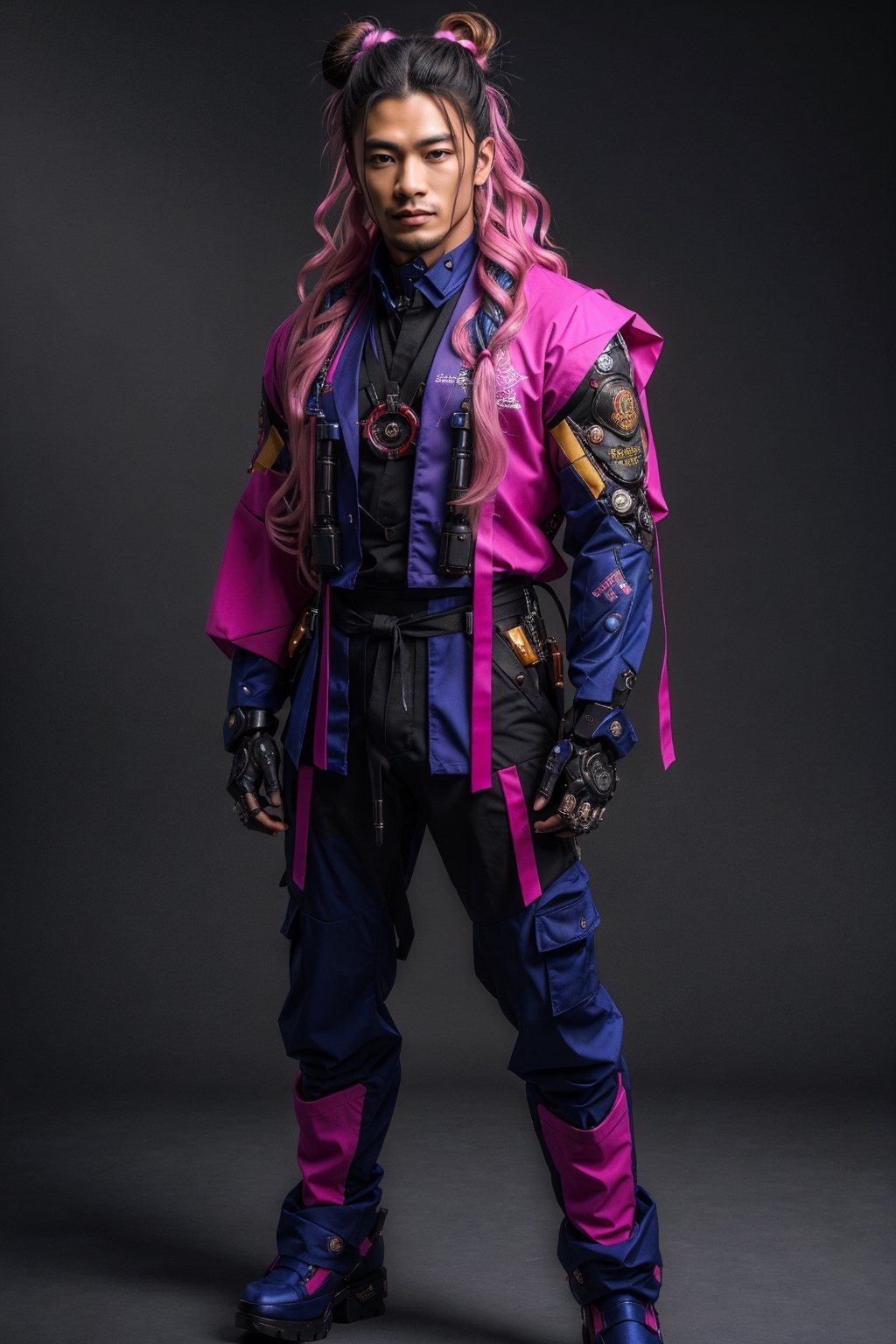 1male, (best quality,8K,highres,masterpiece, ultra-detailed, super colorful, vibrant, realistic, high-resolution), wide view, full picture head-to-toe, colorful portrait of an asian male with flawless anatomy, his left hand is detachable mechanical prosthetics hand, he is wearing a blue-coloured tactical kimono with no under-garment under it, baggy cargo pants, doctor marten's high boots, His tattoed skin is extremely detailed and realistic, with a natural and lifelike texture. ((His pink-colored wavy hair is tied in high-knot, man-bun)) The background is black. The lighting accentuates the contours of his face, adding depth and dimension to the portrait. The overall composition is masterfully done, showcasing the intricate details and achieving a high level of realism,Hair,zzmckzz,Mecha body,mecha,mecha musume,kimono,BJ_Gundam,haman karn,Rabbit ear,urban techwear,tech