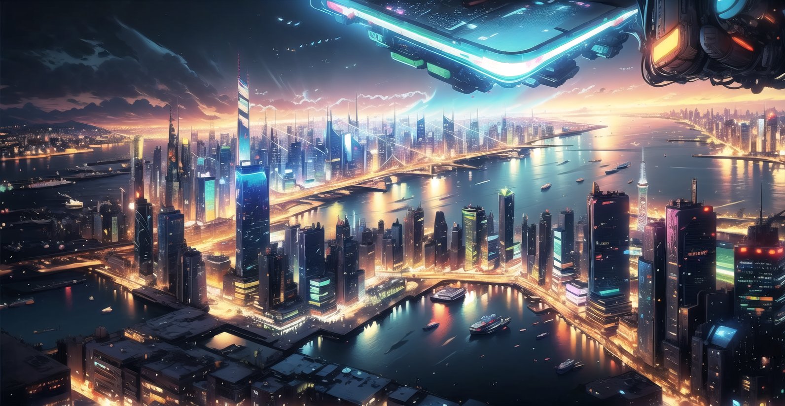 A city landscape, retro_artstyle, cyberpunk lights, at night, new york city, view from sky,