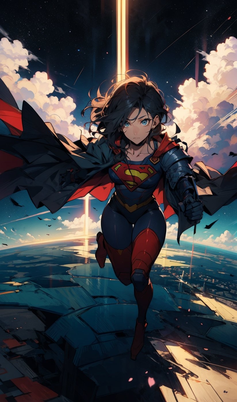 ((Masterpiece, highly detailed, extremely detailed, beautiful, HD)), 1lady, area lighting, hourglass_figure, HD, 8k, ((supergirl)), long_cape, (knight black armor), black_hair, blue eyes, full body, cloud, flying, levitating, sky, zero gravity, view from above looking down, moon, night, stars, looking down. 