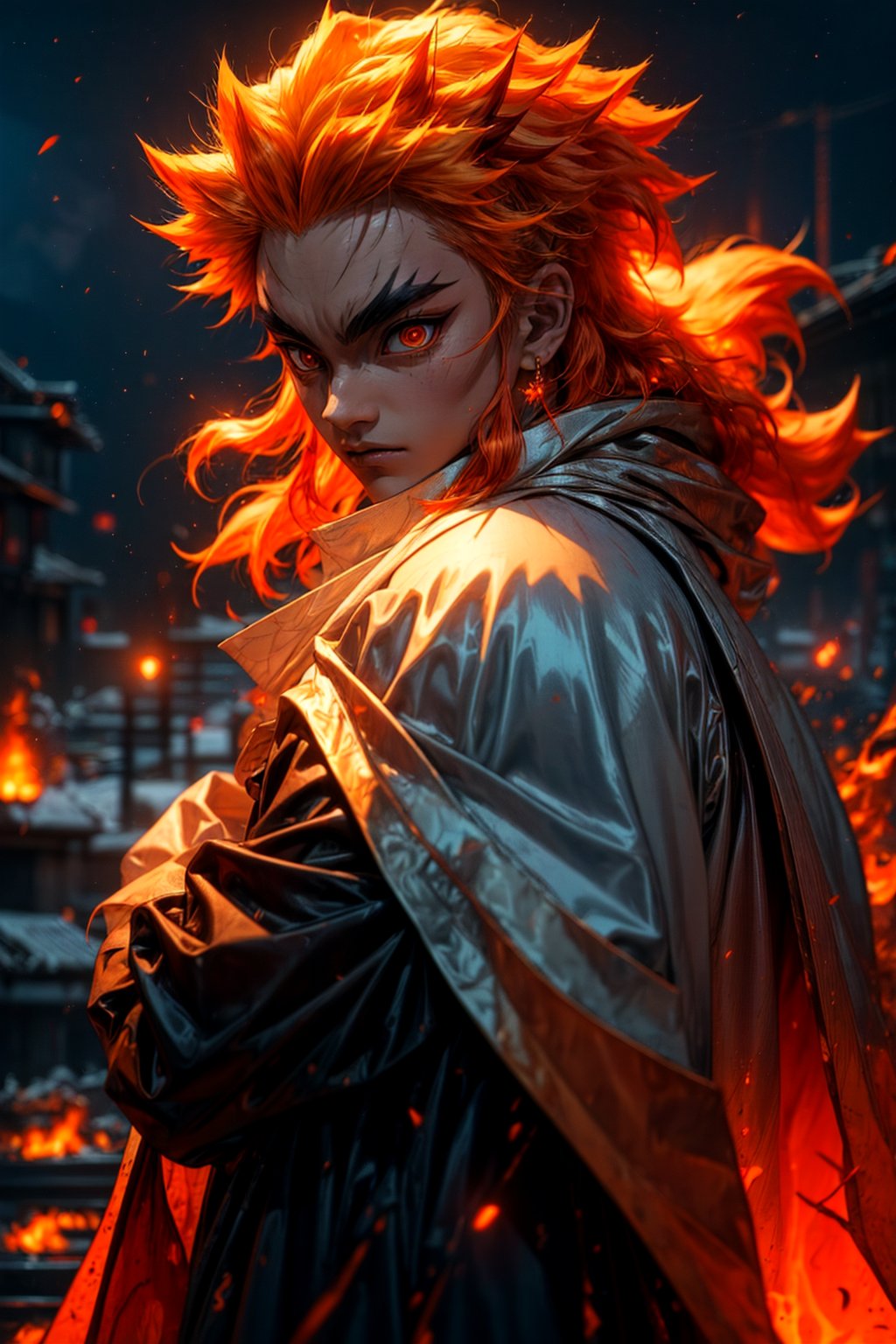 sharp focus, dynamic, (natural skin texture, hyperrealism:1.25), (skinny:1.25),portrait of Kyojuro , 1boy , glowing eyes, looking at viewer, serius face, empty look, dinamic pose, dinamic hair, strong wind, orange hair-streaks, very low angle, looking at camera, pale skin, staring, constricted pupils, fire background, fire-storm,rengoku kyoujurou, 
white cape, fire streaks,r1ge, upper body