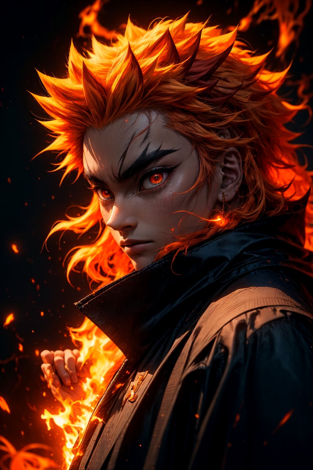 sharp focus, dynamic, (natural skin texture, hyperrealism:1.25), (skinny:1.25),portrait of Kyojuro , 1boy , glowing eyes, looking at viewer, serius face, empty look, dinamic pose, dinamic hair, strong wind, orange hair-streaks, very low angle, looking at camera, pale skin, staring, upper body, constricted pupils, fire background, fire-storm,rengoku kyoujurou, 
white cape, fire streaks,r1ge