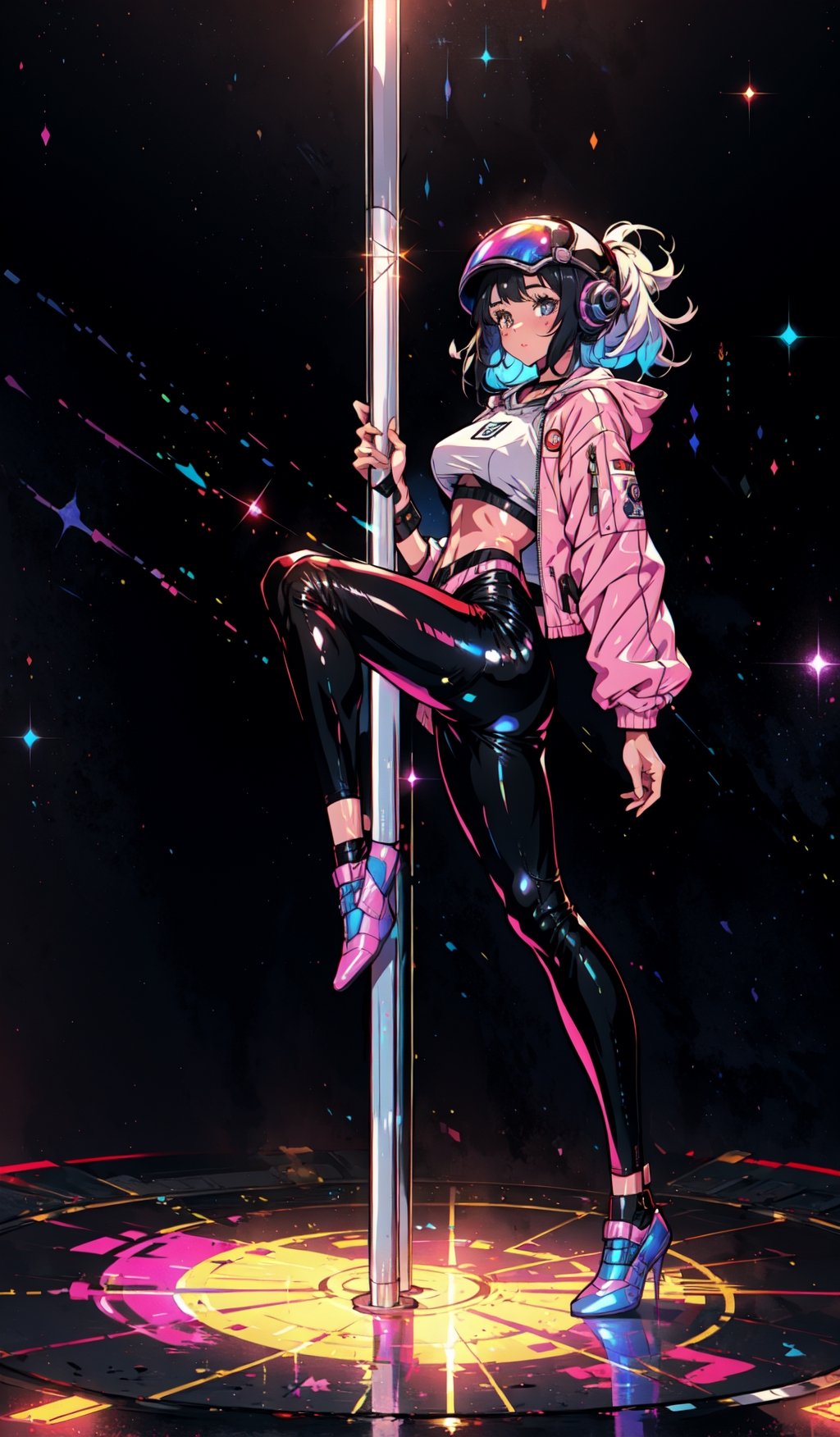 1 girl, hoody, thunder red jacket, tight suit,Space helm of the 1960s,and the anime series G Force of the 1980s,Darf Punk wlop glossy skin, ultrarealistic sweet girl, space helm 60s, holographic, holographic texture, the style of wlop, space, fullbody,pole_dancing