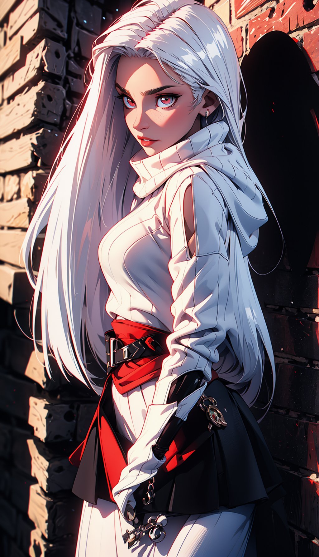 (windy background), (best detailed), (best lighting), ( ultra-detailed), (best quality), Female vampire, red eyes, (detail eyes), pale_skin, white_hair, ((straight_hair)), bangs, long-hair, past-the-weste, beautiful breasts, (black tight hoody sweater), (white skirt), leaning on the wall, (black spandex pants), clouds,3DMM,midjourney,perfecteyes