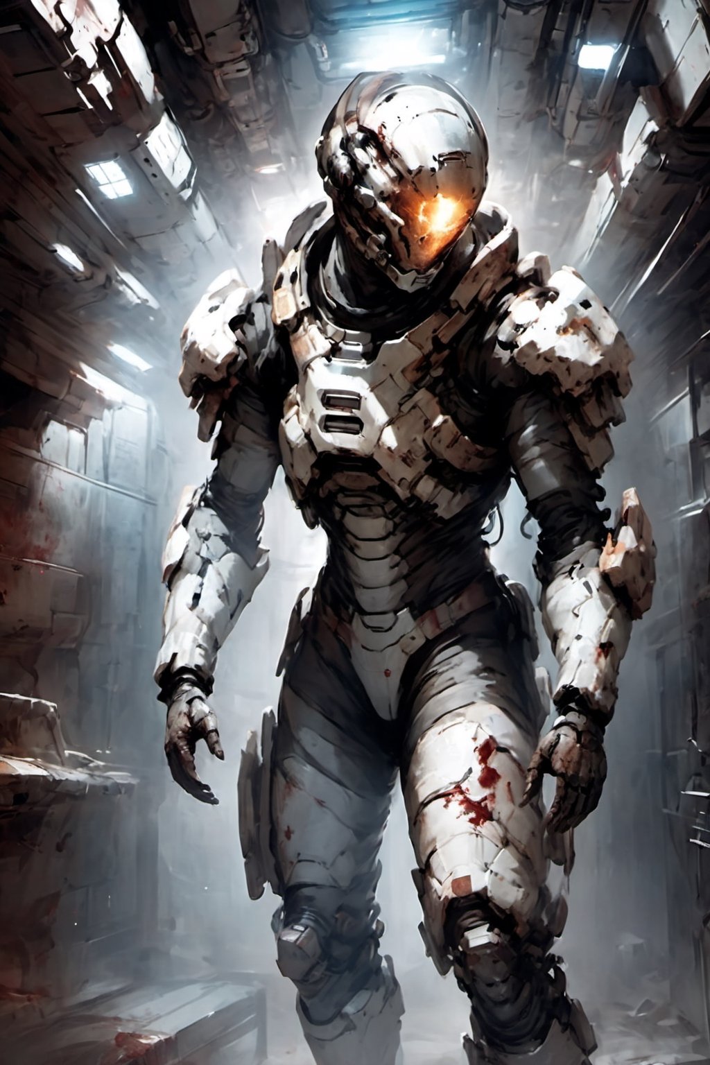 Dead space suit, space suit rig, inside a space station, walking through empty rooms, bloody, foggy, darkness, scene of horror, gore, terrifying, body's torn apart, ((Necromorph background)),cyborg style