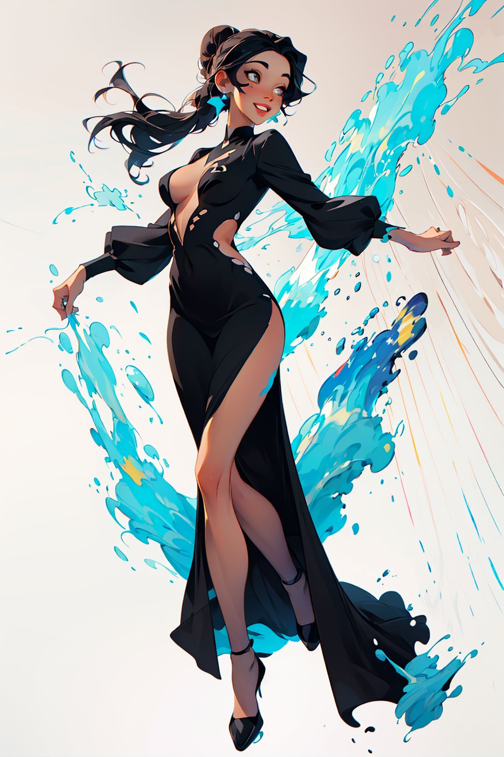 1woman, long black hair, hair in a bun, big breasts, putting on a black dressed, happy, , solo_female, ((colourful paint splashes on transparent background, dulux,)), ((caustic)), dynamic angle,beautiful detailed glow,full body, cowboy shot,Torudaya style,deep v dress