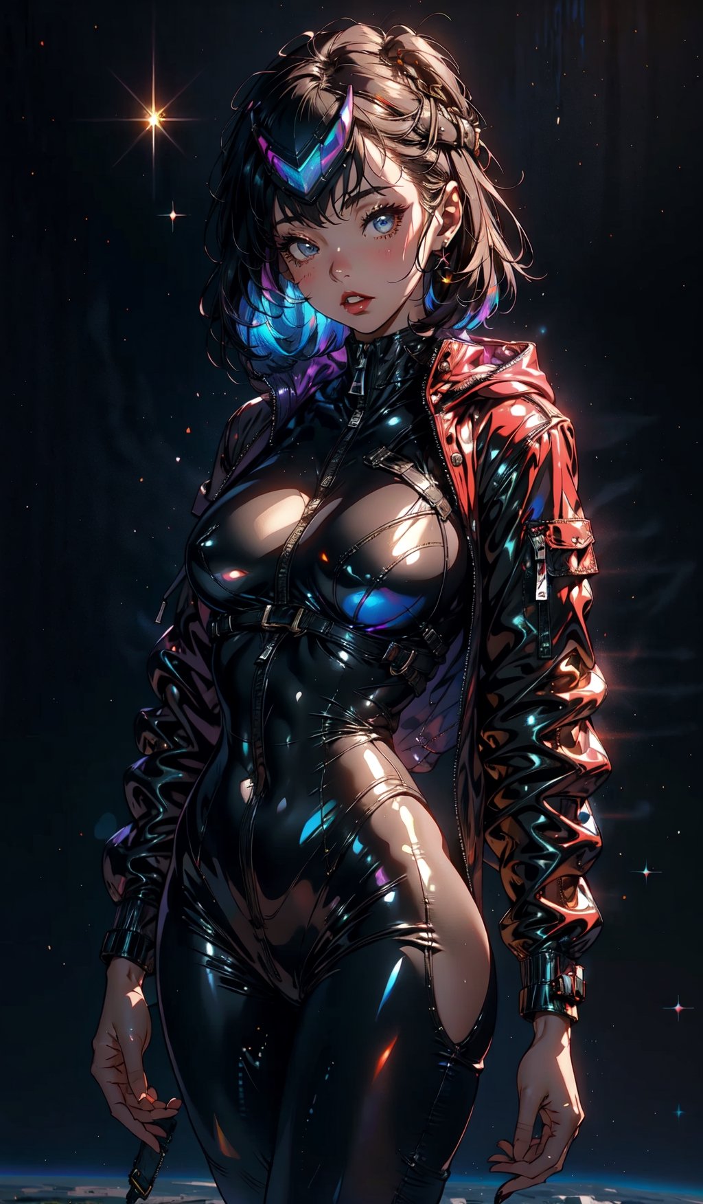 1 girl, hoody, thunder red jacket, tight suit,Space helm of the 1960s,and the anime series G Force of the 1980s,Darf Punk wlop glossy skin, ultrarealistic sweet girl, space helm 60s, holographic, holographic texture, the style of wlop, space, fullbody