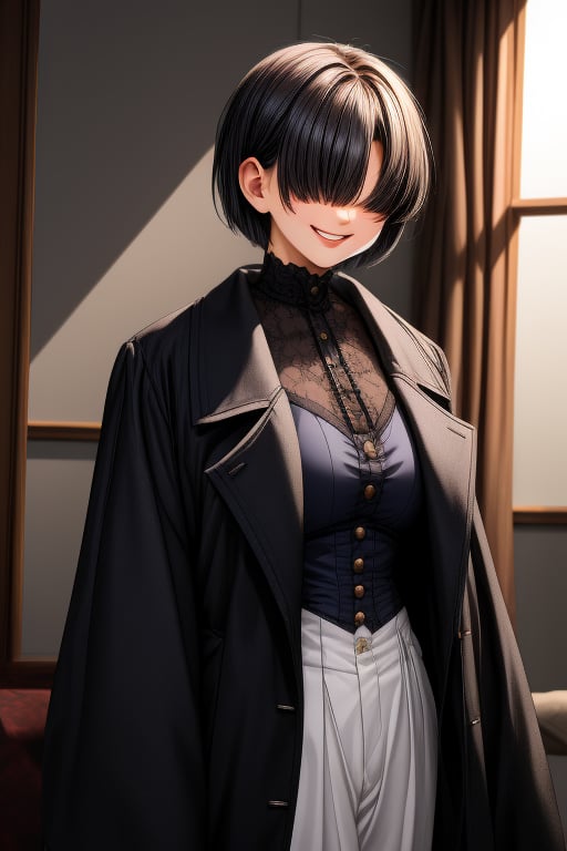 1woman, bangs over eye, wide grin,very short hair, victorian coat, vintage, Anime,Hair over eyes,Tomboy