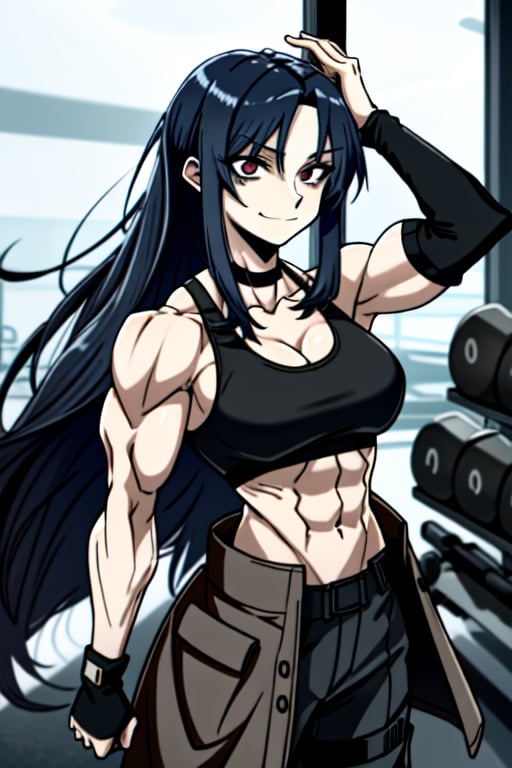 makima \(chainsaw man\), muscular_female, solo, buff_woman, biceps, at_the_gym, very long ponytail hair, black hair, dark black hair, shiny hair, mega_hair, emotionless eyes, thick linked eyelashes, red eyes, tank top shirt, long_leather_black_coat, shaped clothes, arm_strap, fishent_armwear, black pantalon, relaxed_expressions, closed_mouth, smirking,Defaults17Style,ESDEATH,