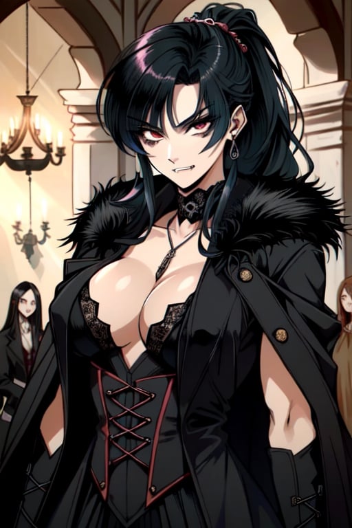 ((Vampire)), ((female vampire)), ((gothic vampire girl)), ((pale skin)), ((bat wings)), ((dark hair)), ((Solo_female)), ((muscular female)), ((buff_woman)), ((biceps)), ((fit_Muscular_girl)), ((Expressive eye)), ((black eye sockets)), ((perfect eyes)), ((red eyes)), ((linked eyelashes)), ((gorgeous face)), ((Mega_ponytail_hair)), ((very_long_hair)), ((shiny hair)), ((detailed hair)), ((black hair)), ((very_long_hair)), ((arrogant_expressions)), ((woman wearing morrigan_aensland_outfit)), ((black opera gloves)), ((fur-linked clothes)), ((percorso-laces)), ((lacy design clothes)), ((correct face)), ((dark fantasy)), ((gothic_castle_interior)), ((big_muscles)),(( long_black_coat)), ((woman wearing morrigan_aensland_outfit)), ((long fangs)), ((Endsinger)), ((muscular female)), ((mma gir)),edgBB,retro