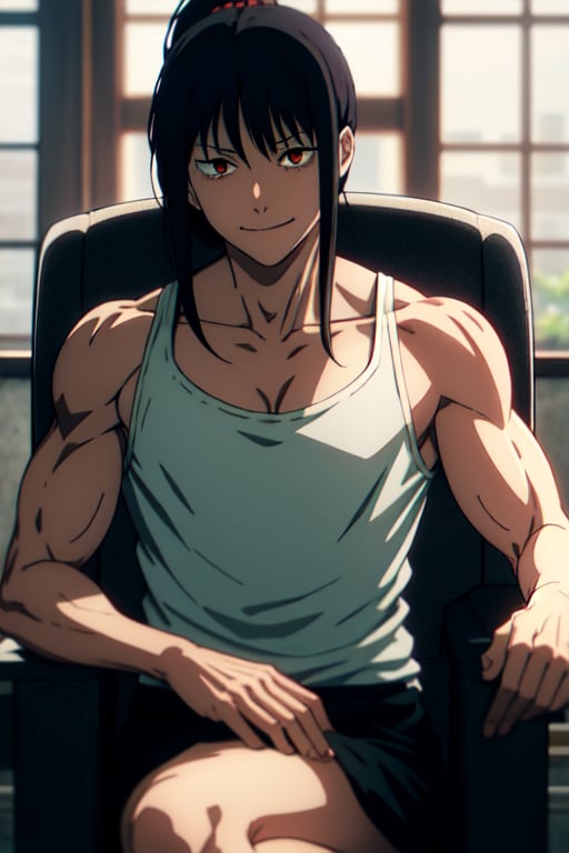 Masterpiece, gorgeous face, wink, red eyes, bleach artstyle, muscular female, ponytail hair, long haircut, black hair, opm eyes, large breasts, correct hands, black_glove, smirking,sitting on the throne, crossed 
Legs, black tank top shirt, muscular body, side lock,makima \(chainsaw man\),One piece style,matsumoto rangiku,black kimono,BiBa