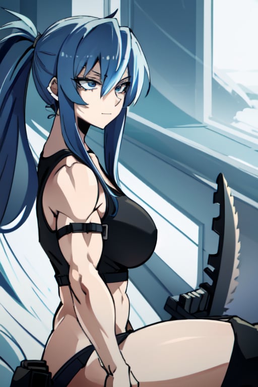 makima \(chainsaw man\), muscular_female, solo, buff_woman, biceps, at_the_gym, very long ponytail hair, black hair, dark black hair, shiny hair, mega_spiky_hair, emotionless eyes, thick linked eyelashes, black eyes, tank top shirt, shaped clothes, arm_strap, fishent_armwear, black pantalon, relaxed_expressions, closed_mouth, smirking,Defaults17Style,ESDEATH,