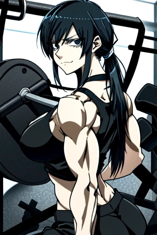 makima \(chainsaw man\), muscular_female, solo, buff_woman, biceps, at_the_gym, very long ponytail hair, black hair, dark black hair, shiny hair, mega_spiky_hair, emotionless eyes, thick linked eyelashes, black eyes, tank top shirt, shaped clothes, black pantalon, relaxed_expressions, closed_mouth, smirking,Defaults17Style,ESDEATH, holding_phone,