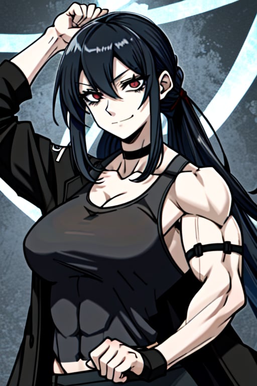 makima \(chainsaw man\), muscular_female, solo, buff_woman, biceps, at_the_gym, very long ponytail hair, black hair, dark black hair, shiny hair, mega_hair, emotionless eyes, thick linked eyelashes, red eyes, tank top shirt, long_leather_black_coat, shaped clothes, arm_strap, fishent_armwear, black pantalon, relaxed_expressions, closed_mouth, smirking,Defaults17Style,ESDEATH,