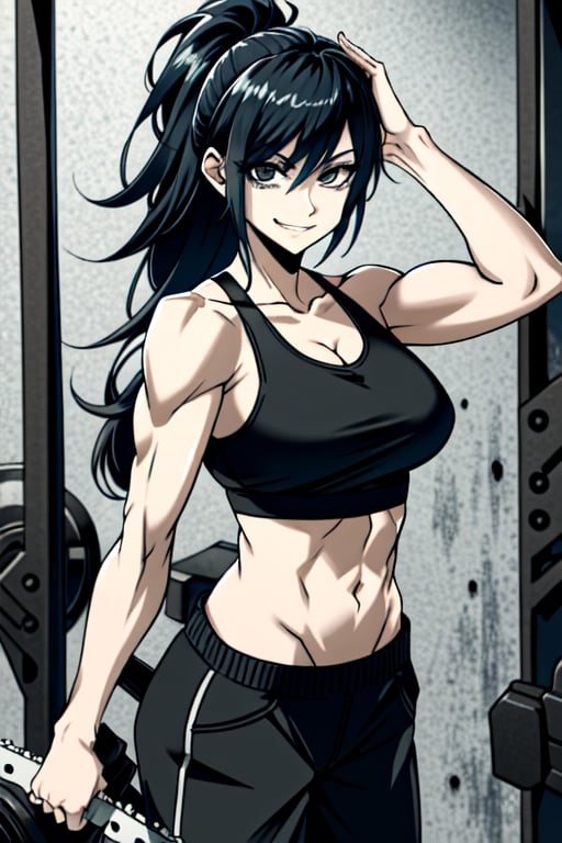 makima \(chainsaw man\), muscular_female, solo, buff_woman, biceps, at_the_gym, behind_the_jail_bars, very long ponytail hair, black hair, shiny hair, emotionless eyes, thick linked eyelashes, black eyes, tank top shirt, shaped clothes, black pantalon, smiling, teeth, tounge,Defaults17Style