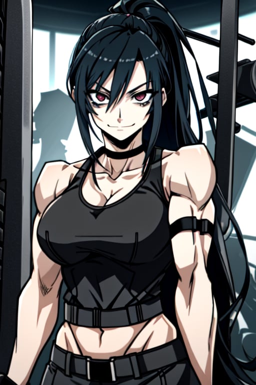 makima \(chainsaw man\), muscular_female, solo, buff_woman, biceps, at_the_gym, very long ponytail hair, black hair, dark black hair, shiny hair, mega_hair, emotionless eyes, thick linked eyelashes, red eyes, tank top shirt, long_leather_black_coat, shaped clothes, arm_strap, fishent_armwear, black pantalon, relaxed_expressions, closed_mouth, smirking,Defaults17Style,ESDEATH,