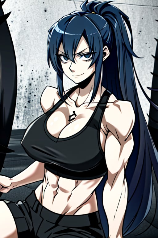 makima \(chainsaw man\), muscular_female, solo, buff_woman, biceps, at_the_gym, very long ponytail hair, black hair, dark black hair, shiny hair, mega_spiky_hair, emotionless eyes, thick linked eyelashes, black eyes, tank top shirt, shaped clothes, black pantalon, relaxed_expressions, closed_mouth, smirking,Defaults17Style,ESDEATH,