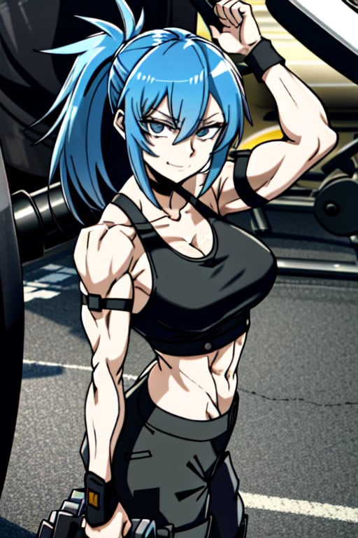 makima \(chainsaw man\), muscular_female, solo, buff_woman, biceps, at_the_gym, very long ponytail hair, black hair, dark black hair, shiny hair, mega_spiky_hair, emotionless eyes, thick linked eyelashes, black eyes, tank top shirt, shaped clothes, arm_strap, fishent_armwear, black pantalon, relaxed_expressions, closed_mouth, smirking,Defaults17Style,ESDEATH,