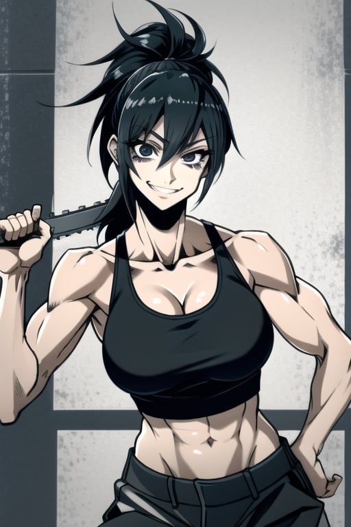 makima \(chainsaw man\), muscular_female, solo, buff_woman, biceps, at_the_gym, behind_the_jail_bars, very long ponytail hair, black hair, shiny hair, emotionless eyes, thick linked eyelashes, black eyes, tank top shirt, shaped clothes, black pantalon, smiling, teeth, tounge,Defaults17Style