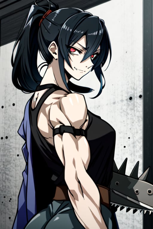 makima \(chainsaw man\), muscular_female, solo, buff_woman, biceps, at_the_gym, very long ponytail hair, black hair, dark black hair, shiny hair, mega_spiky_hair, emotionless eyes, thick linked eyelashes, red eyes, tank top shirt, long_leather_black_coat, shaped clothes, arm_strap, fishent_armwear, black pantalon, relaxed_expressions, closed_mouth, smirking,Defaults17Style,ESDEATH,