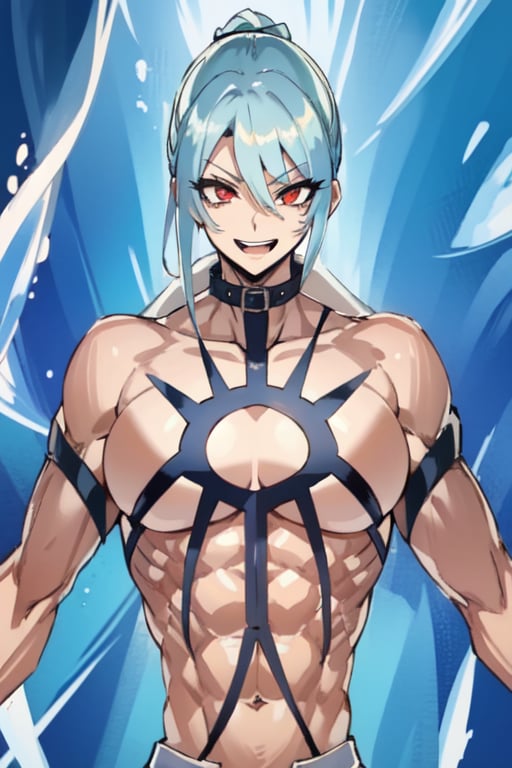 ESDEATH, upper body,
Solo_female, muscular female, buff woman, biceps, oppai, abs, psycho eyes, thick_linked_thick_eyelashes, linked eyelashes, red eyes, tiny_breasts,  mega_fuzzy_hair, white hair, shiny hair,  shirtless, pantalon, smirking, open mouth,