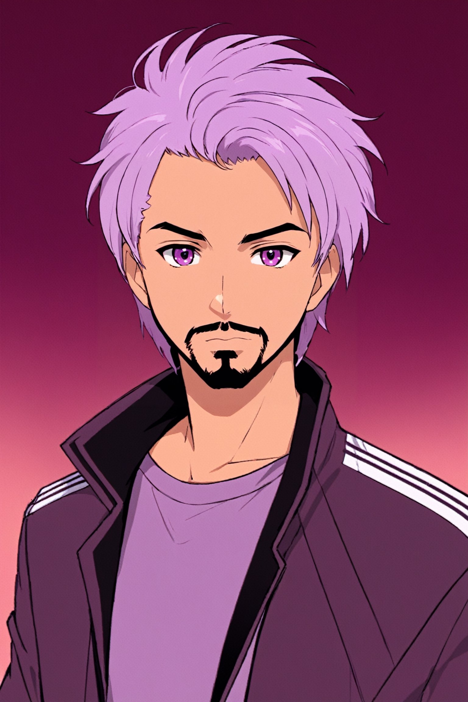 solo, 1boy, male focus, green eyes, light purple hair, stubble, goatee, maroon background, dark skinned male, tan skin, looking at viewer, lips, shirt, jacket, hyur, specular highlights, gradient_background, 