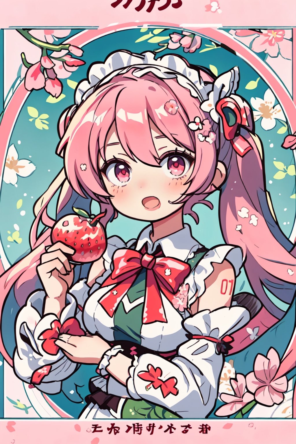 Hatsune Miku,Cherry Blossom Miku, pink hair, tarot card style, hair ribbon, bowtie, holding food, bare shoulders, fruit, red bowtie, frilled hairband, very long hair, maid headdress, holding, :o, twintails, bow, frilled sleeves, puffy sleeves, food, strawberry, detached sleeves, bangs, hair flower, hair ornament, open mouth, red bow, white sleeves, looking at viewer, flower, red ribbon,upper body, dress, solo, frills, long hair, sleeveless, white flower, white dress, holding fruit, 1girl, pink eyes, ribbon, in the style of Alphonse Mucha, Art Nouveau