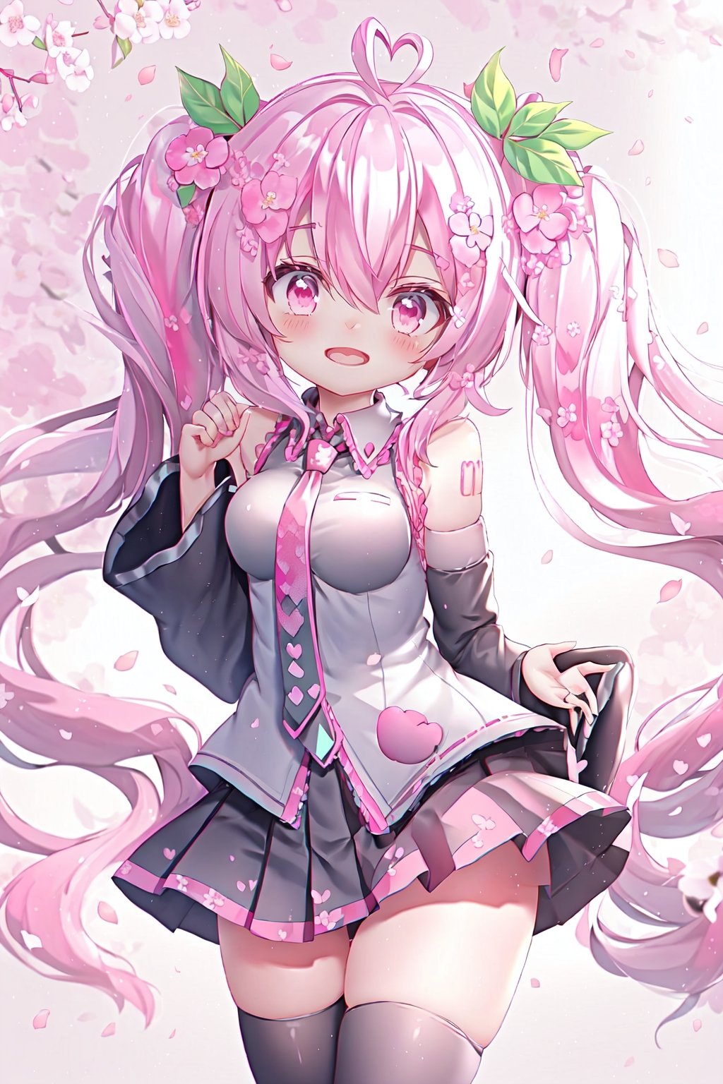 Hatsune Miku, Cherry Blossom Miku, ahoge, detached sleeves, hair flower, very long hair, solo, hair ornament, open mouth, thighhighs, twintails, long hair, heart, necktie, skirt, pink eyes, 1girl, flower