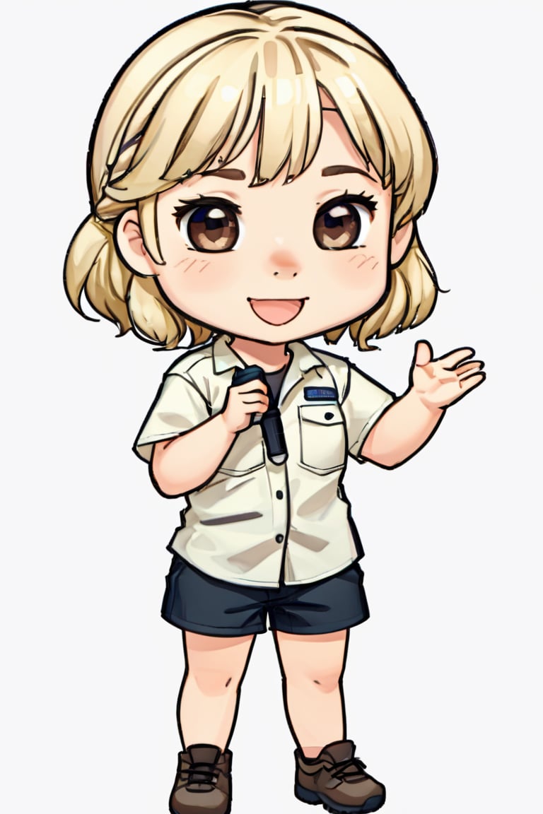 Bindi Irwin Chibi, 1girl, detailed eyes, brown eyes, female_solo,blonde hair, smile, australian, upper body, shirt, chibi emote style, simpe background, white background, twitch emote, sticker