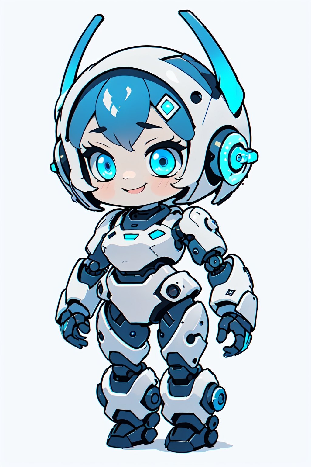 chibi, centered, full body, digital art, | dark blue hair, dark blue eyes, female cute robot, robot, mascot, confident smile, action pose, chibi, metal, white and blue futuristic armor, neon lights, | (white background:1.2), simple background, | (symetrical),chibi style,cls_chibi,Niji Emote