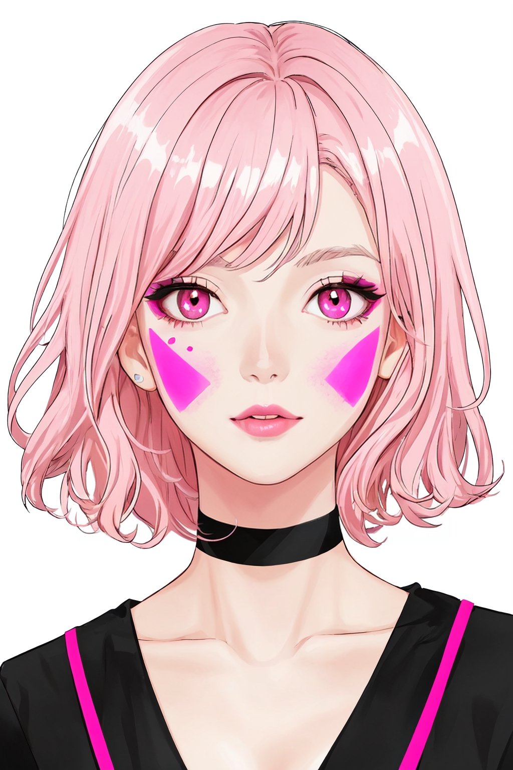 1girl, solo, breasts, short hair, dress, pink hair, choker, pink eyes, lips, makeup, colored skin, facial mark, pink skin, 